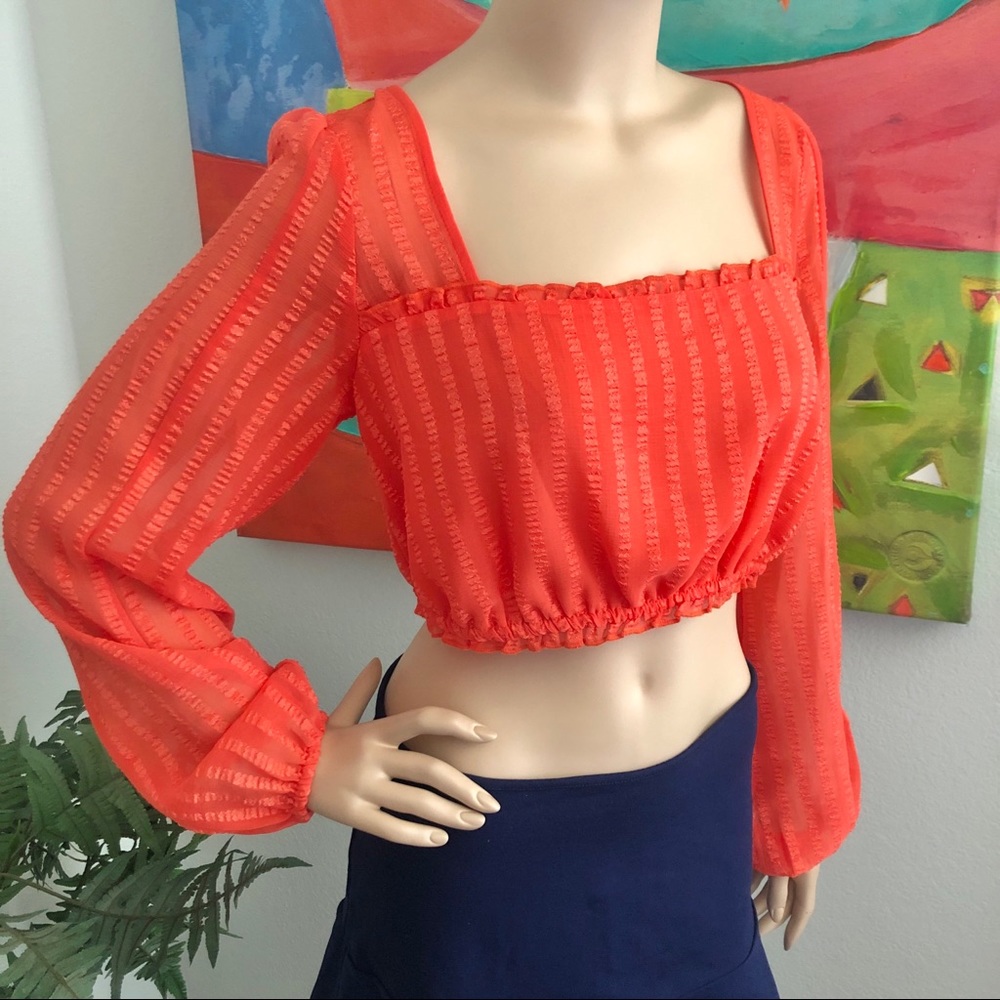 Guess Orange Chiffon Long Sleeve Square-Neck Puff Sleeve Crop Top
